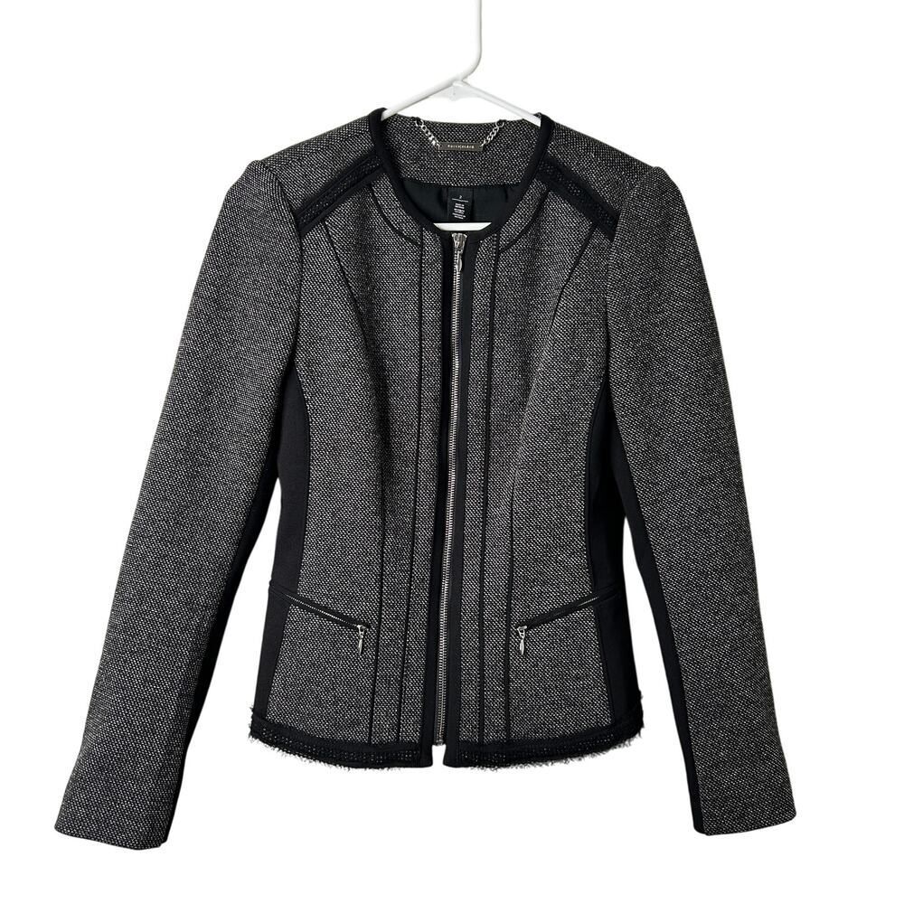 White House Black Market Tweed Blazer Jacket Womens 2 Gray Black Zip Preppy